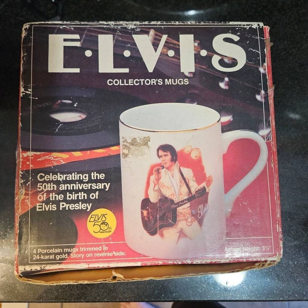 Elvis Presley Mugs Collectors 50th Anniversary Porcelain 24 karat gold Set of 4